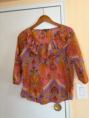 Ralph Lauren Pink and Purple Paisley Ruffle-Neck Blouse